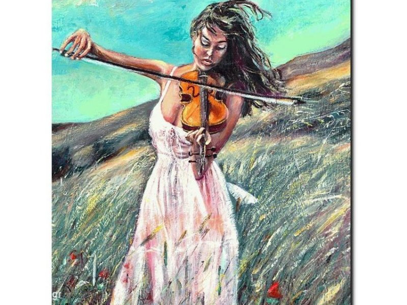 Ελαιογραφία αντίγραφο Νο 1082 κοπέλα με βιολί / ζωγράφος Κουμπής